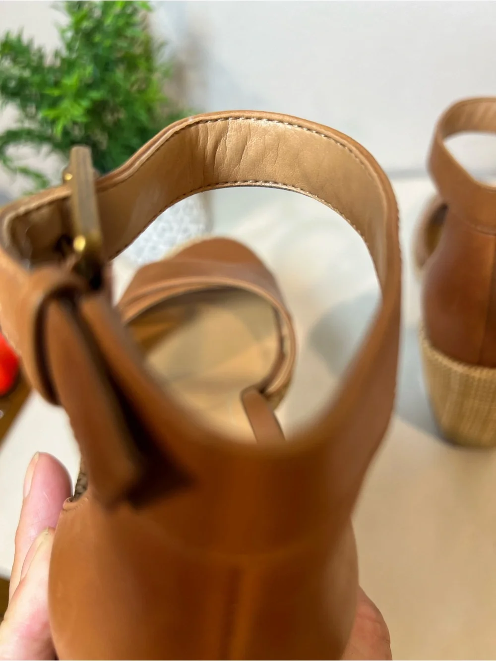 Vionic Tan Leather Espadrille Wedge Sandals with Ankle Strap